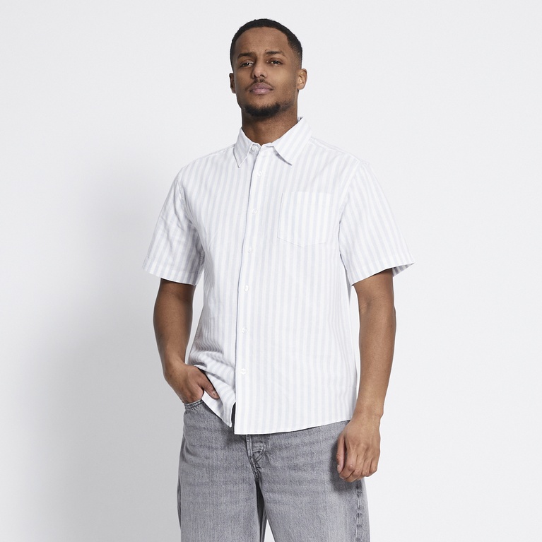 Short sleeve linen blend shirt "Isak Stripe" Light blue